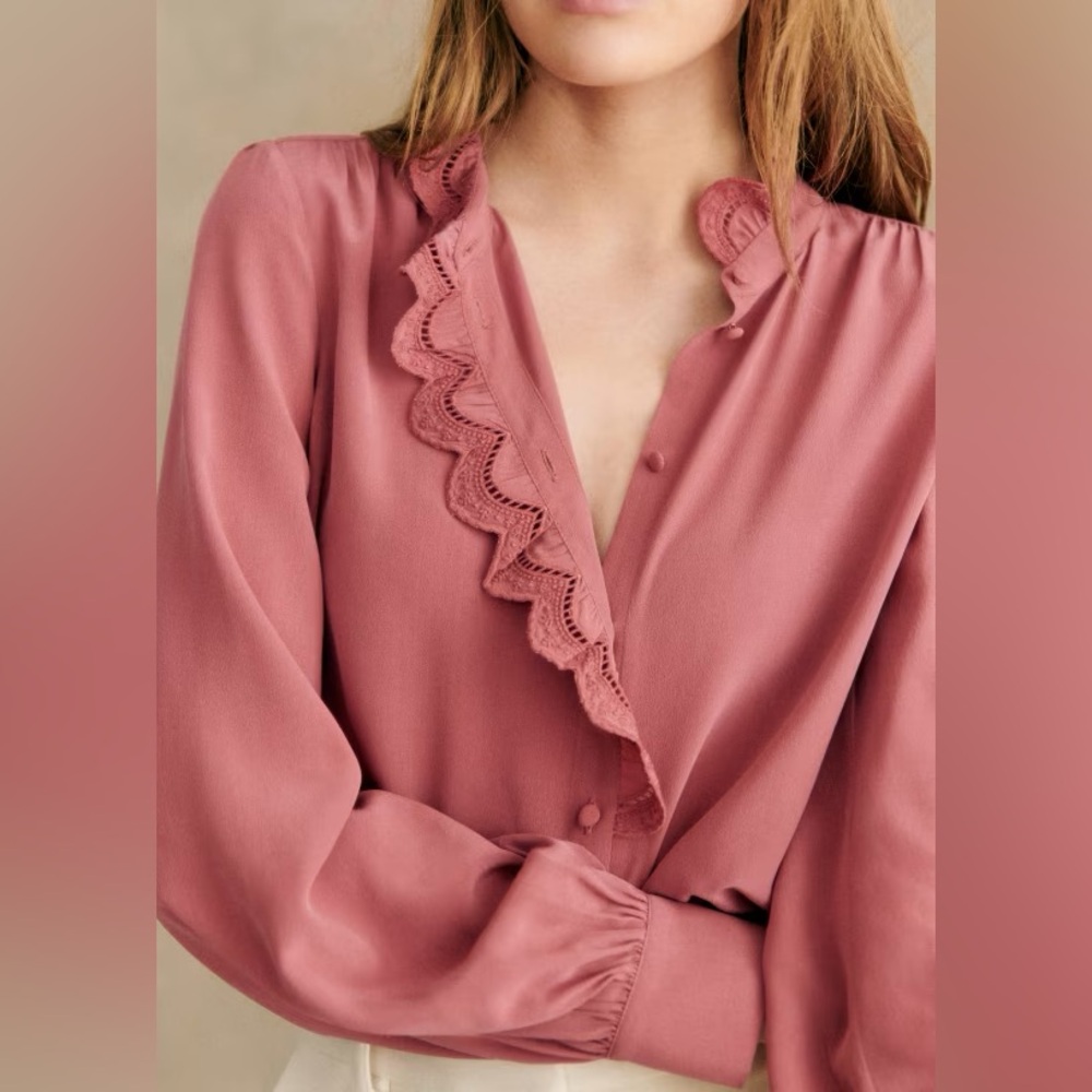 Sezane Rose Silk Button-down Chlo Blouse with Eyelet Detail, FR42/US10